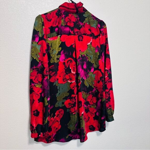 90s Red Black Floral Blouse - Oversized Poppy Print - Dark Winter Floral - M - Picture 9 of 9